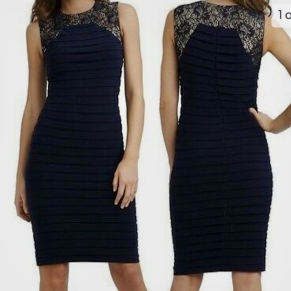 Adriana Papell Women's Size 12 Navy Blue Lace Sheath Dress Shutter Pleated - Picture 1 of 10